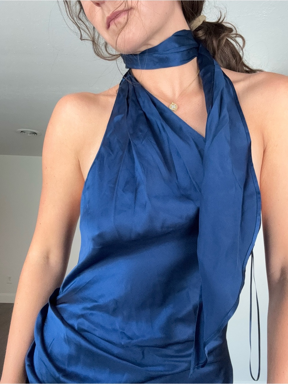 Amanda Uprichard Navy Blue One-Shoulder Satin Halter Dress